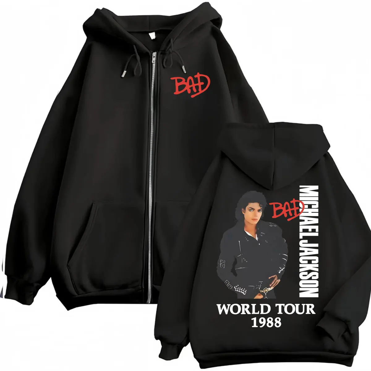 King of Pop Michael Jackson 1988 Bad Tour Zip Up Hoodies Men's Clothing Hip Hop Jacket Sweatshirt Long Sleeve Zipper Hoodie Coat