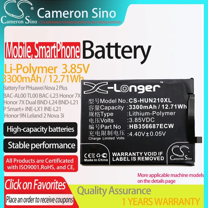 CS Ponsel, Baterai Ponsel Pintar untuk Huawei Nova 2 Plus SIM Ganda BAC-AL00 BAC-TL00 L23 Honor 7X Cocok HB356687ECW 3300MAh