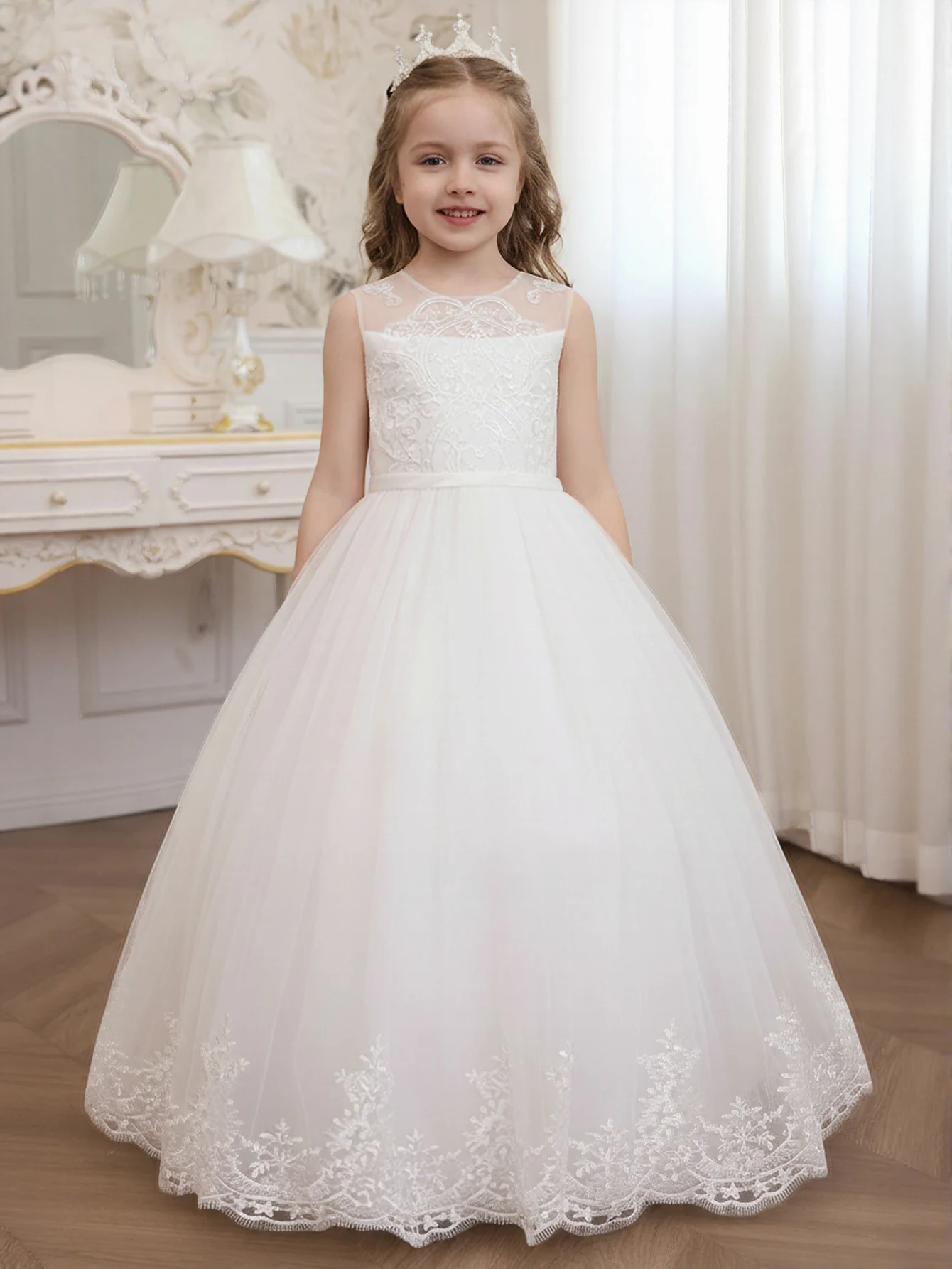 Flower Girl Dress, White Lace Applique Illusion Neck Tulle Ball Gown for Wedding First Communion Pageant
