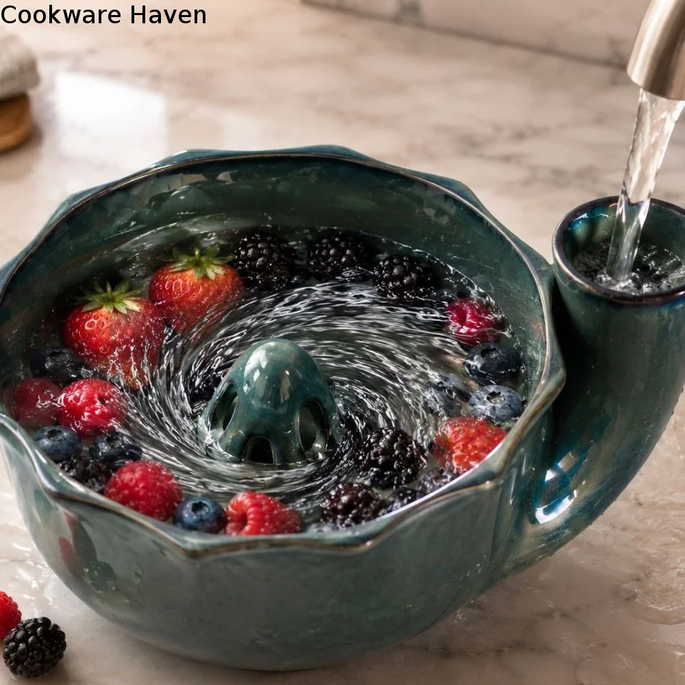 Side Pouring Spout Ceramic Berry Washing Bowl Drain Holes Design Self Spinning Strainer Fruit Cleaning Basin Glossy Easy-Drain