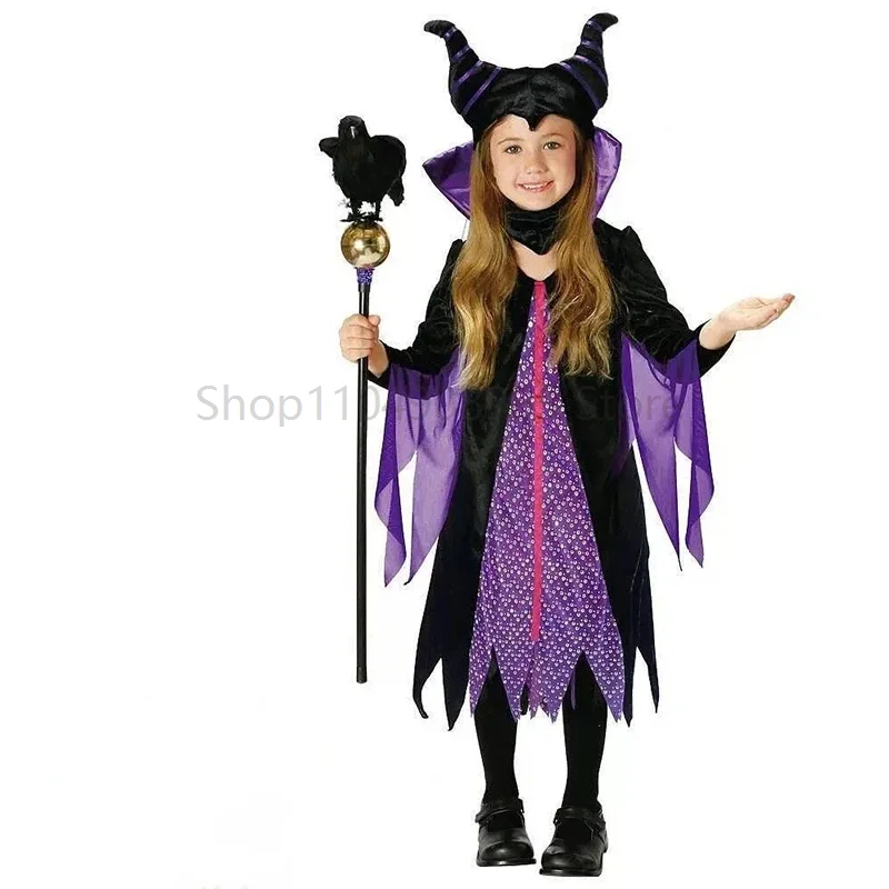 

Children Purple Powerful Fairy Fancy Dress Up Gothic Evil Vampire Anime Cosplay Girl Black Dark Witch Costume