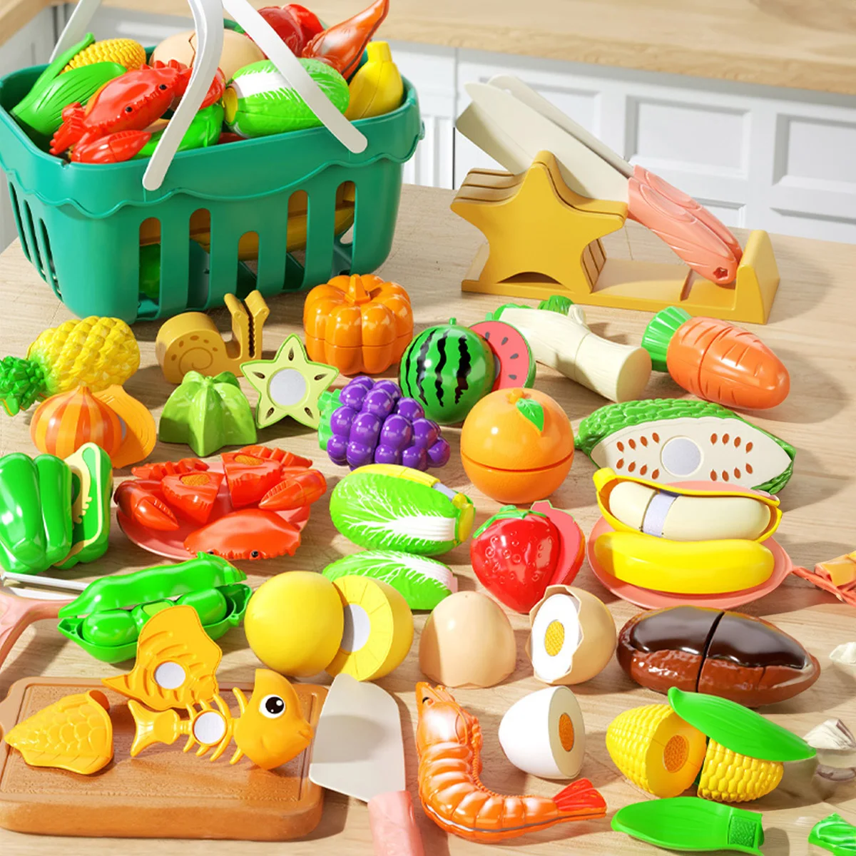 Cutting Play Food Toys Kitchen Set,Pretend Cooking Fruit &Vegetables&Fast Food for Toddler&Baby,Educational Gift for Girls Boys