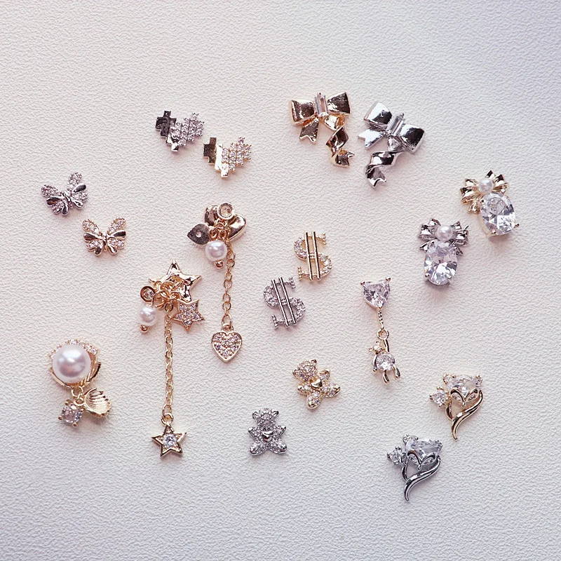 5 PCS New Japanese Manicure Zircon Accessory Alloy Rhinestone Super Flash Love Heart Cute Bear Pendant Small Fox Big Pearl Bow