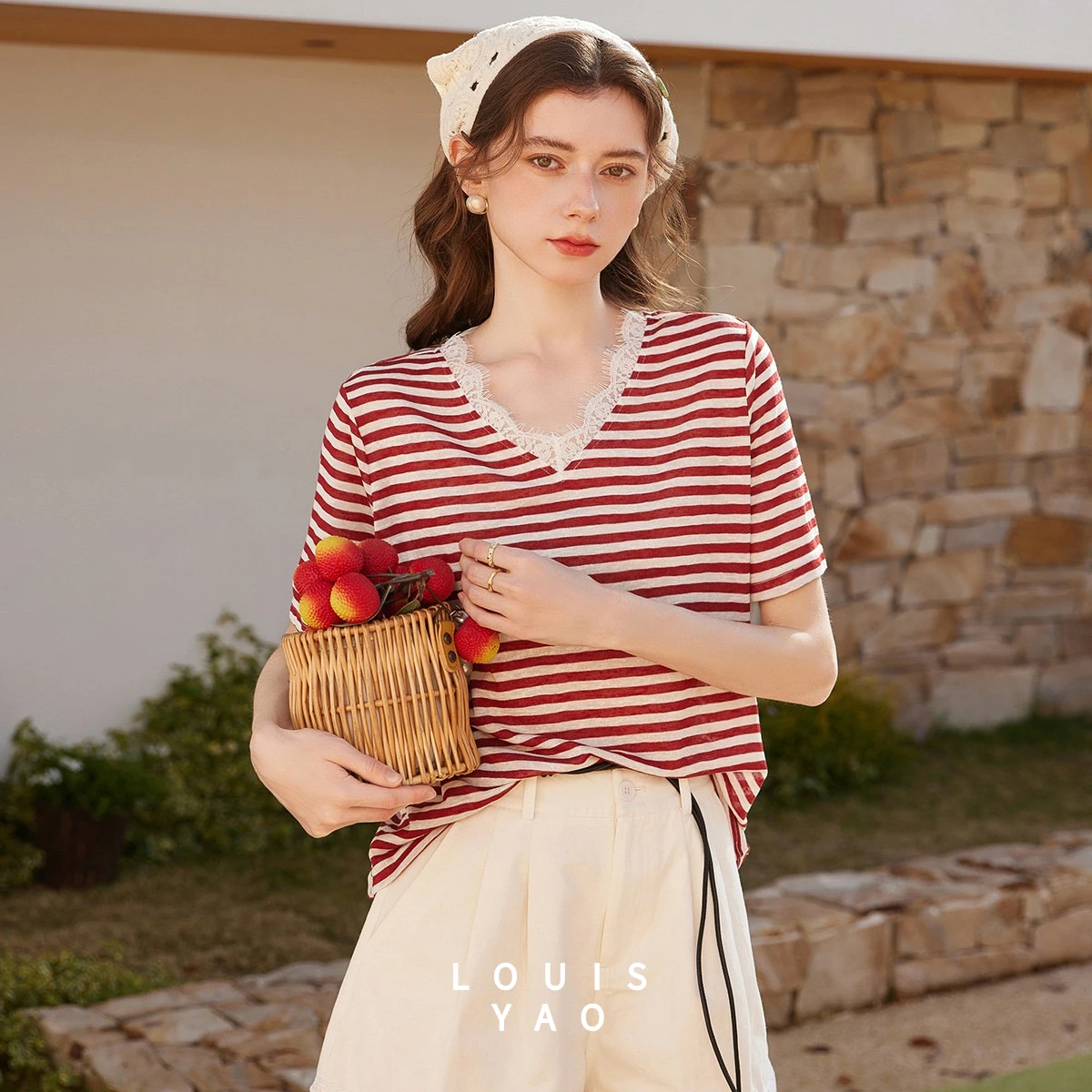 LOUIS YAO Stripe Lace Trim Women's T-Shirt 2026 Spring Summer Sweet Color Block Short Sleeve V Neck Pullover Top for Women