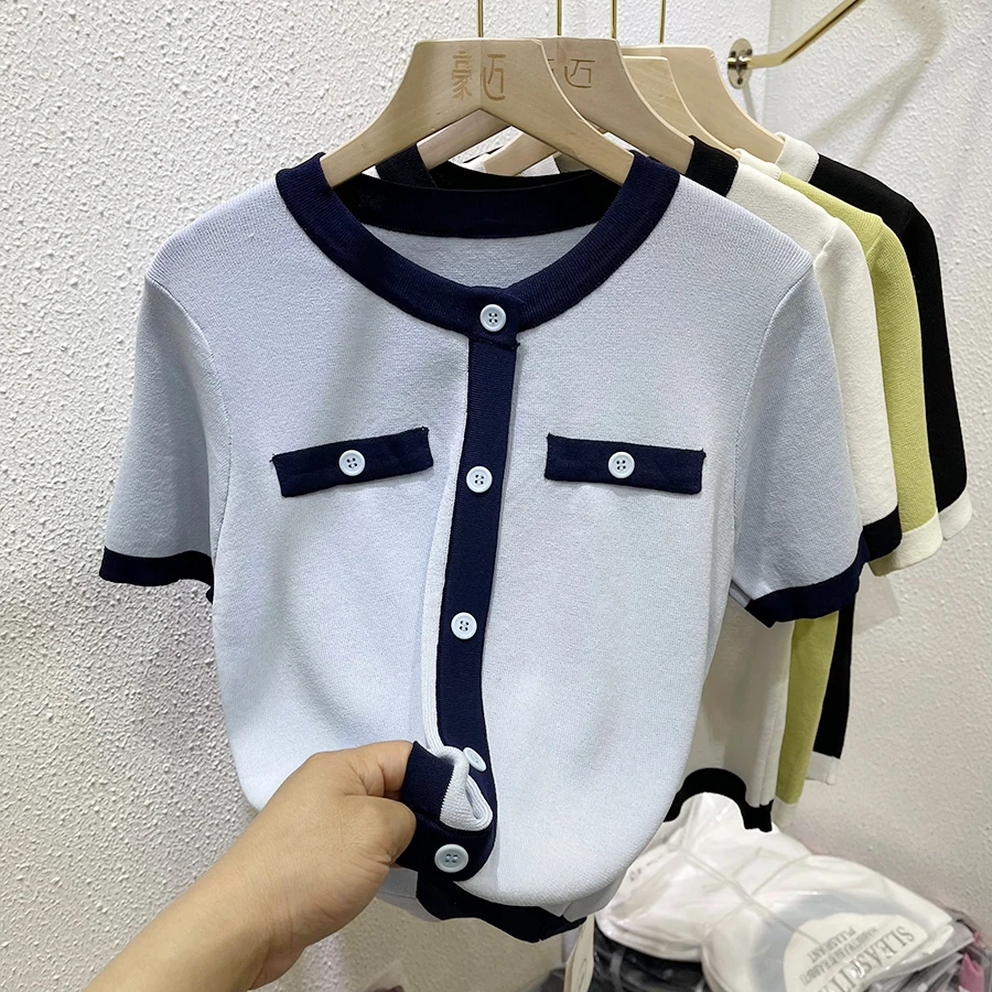 Cseta de Manga Corta de Seda Helada para Mujer, Estilo Nuevo de Verano, Cseta de Punto con ra Fragancia, Cuello Red...
