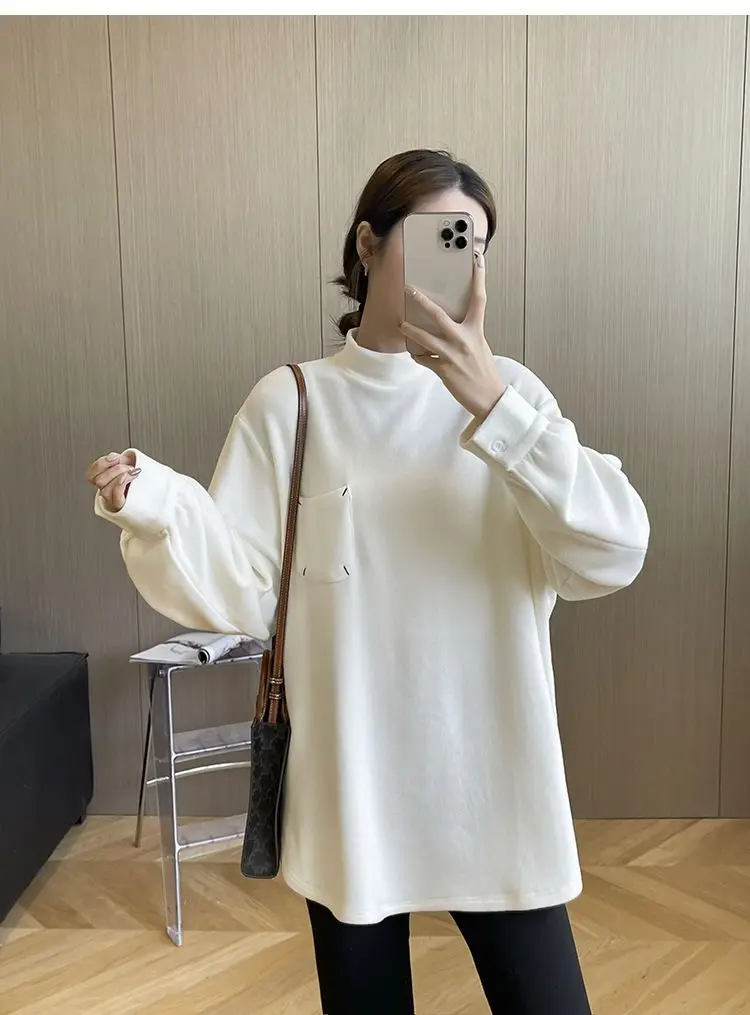 Rosqueado veludo engrossado base quente camisa feminina solto emagrecimento olhar outono inverno mais grande meia alta pescoço manga comprida camiseta