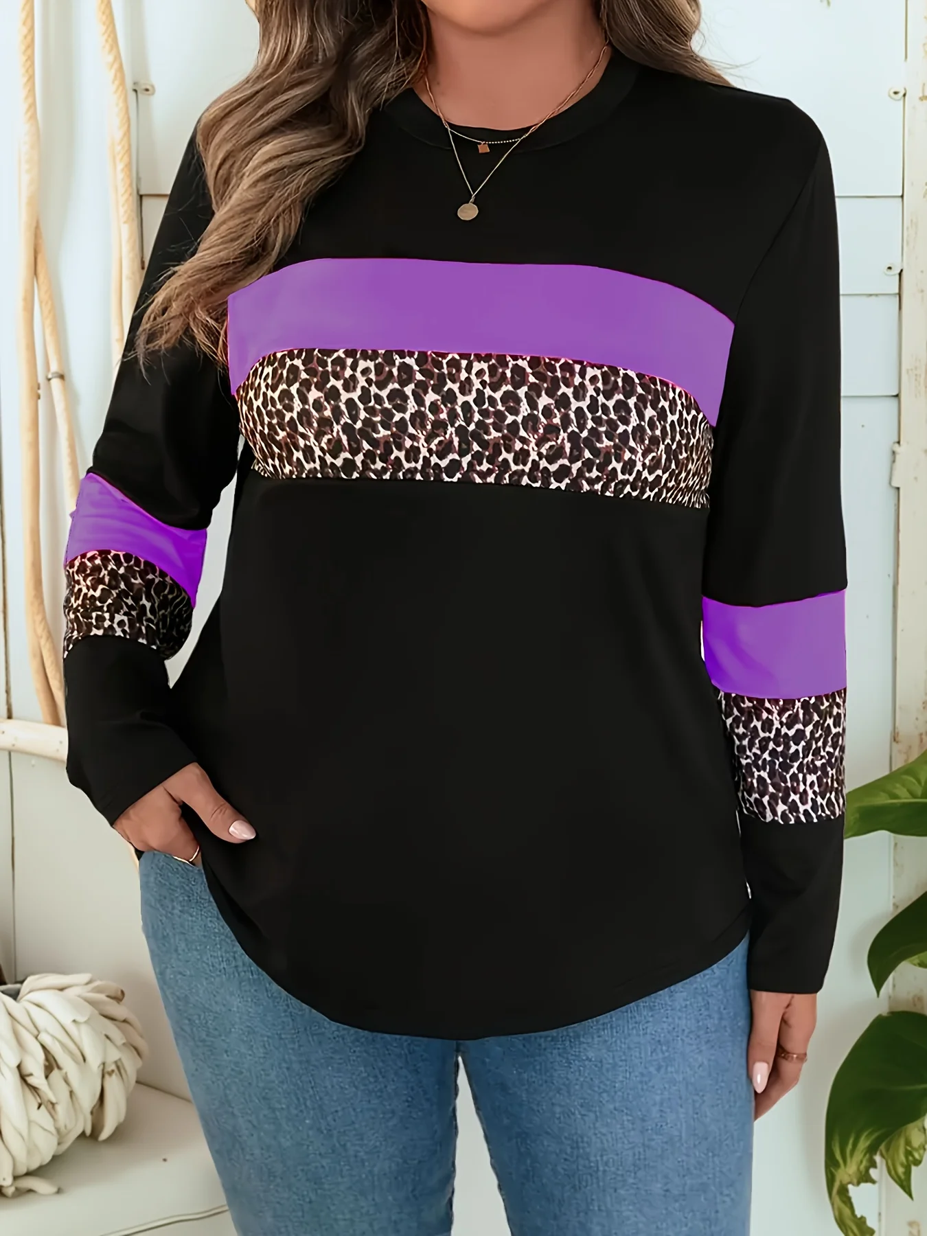 

Повседневная футболка больших размеров с леопардовым принтом, цветными блоками, принтом, круглым вырезом и длинными рукавами, подходит для весенней и осенней женской одежды