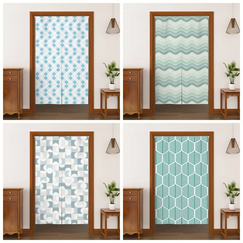 Geometric Pattern Noren Door Curtains Modern Abstract Wave Leaf Design Linen Doorway Curtain Kitchen Entrance Split Half Curtain