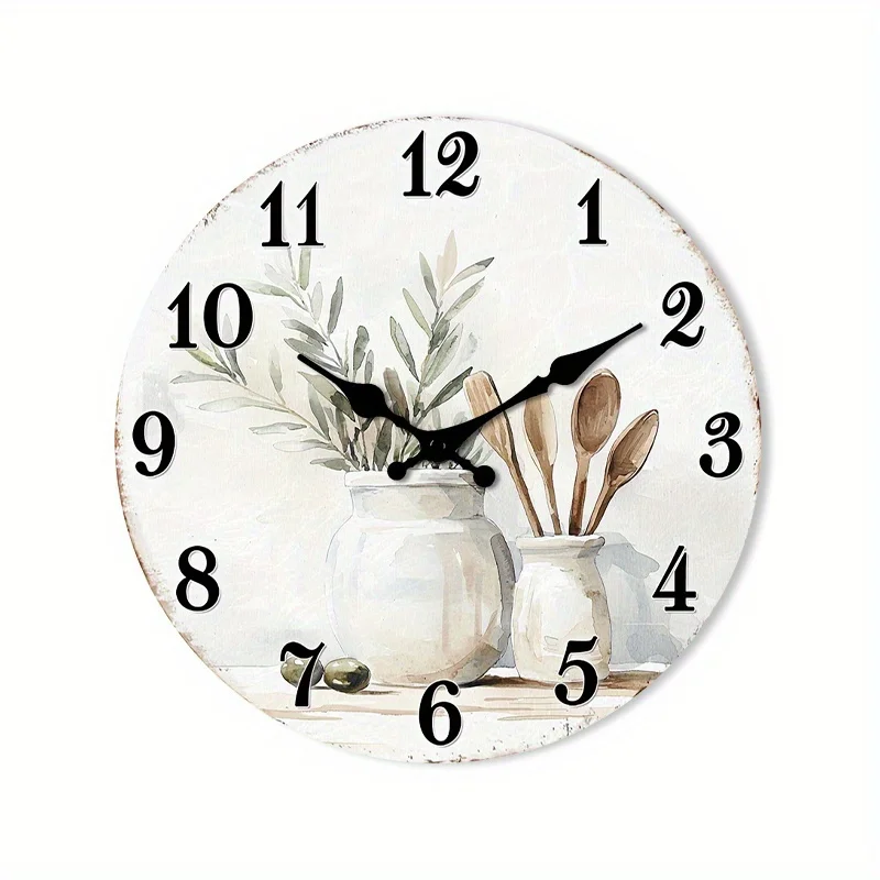 1pc of a Silent Wall Clock That Doesn'T Tick, Made of Wood, Featuring a Decorative Circular Design. It'S a Rustic Addition to Kitchen Decor, Complemented by Plants And Utensils. Suitable for Various Spaces Like The Kitchen, Study Room, Hallway