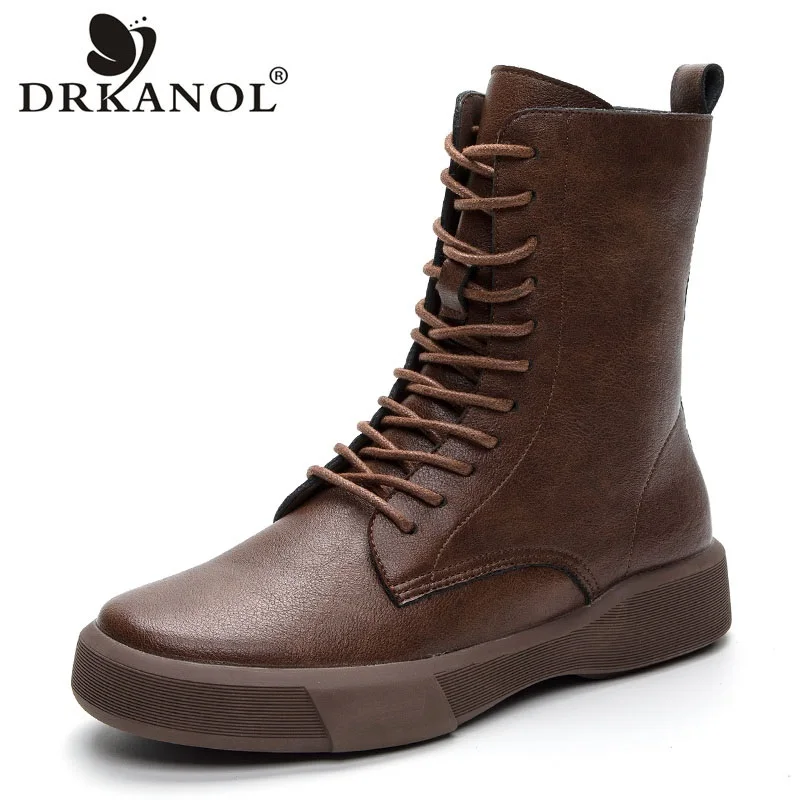 DRKANOL 2024 Big Size 35-43 Women Winter Mid Calf Boots Real Cowhide Round Toe Flat Heel Soft Bottom Casual Plush Warm Boots