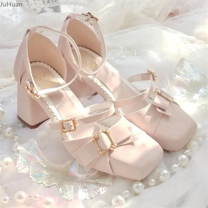 

Новинка 202, японские повседневные универсальные женские сандалии, туфли Лолиты, туфли на среднем каблуке с квадратной головкой, элегантные женские туфли с бантом