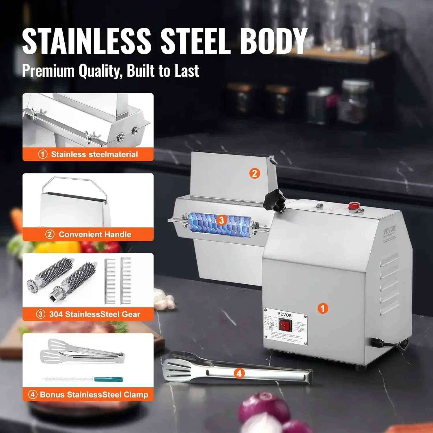 Time-limitedXMSJ.Commercial Meat Tenderizer, Heavy Duty 304 Stainless Steel Kitchen Tool with Meat Tong, Cleaning Brush, and Tra