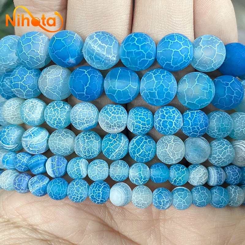 الصقيع كراب متصدع بحيرة الأزرق العقيق الخرز لصنع المجوهرات الجولة فضفاض الخرز Diy بها بنفسك Charms سوار أقراط 15 "ستراند 6/8/10 مللي متر