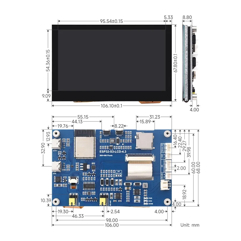 ESP32-S3 Placa de desarrollo de pantalla táctil capacitiva de 4,3 pulgadas procesador de doble núcleo 240Mhz Wifi Bluetooth antena integrada