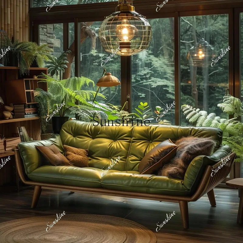 

New Chinese-style living room villa high-end solid wood leather three-person sofa FT