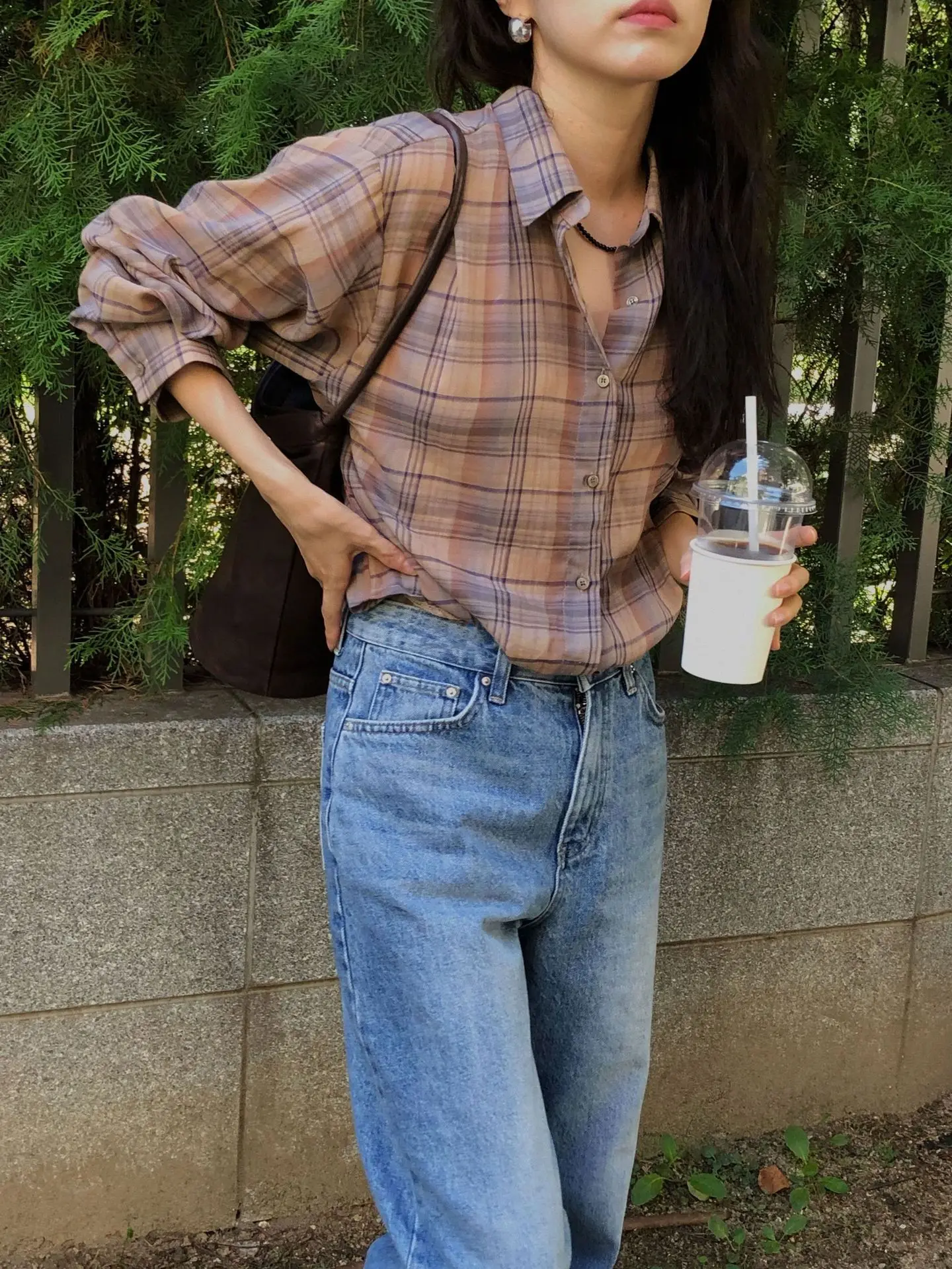 

Casual Loose Long Sve Women's irt Vintage Plaid Design Comfortable Breathable Cotton Commute Sle Early Autumn Faion