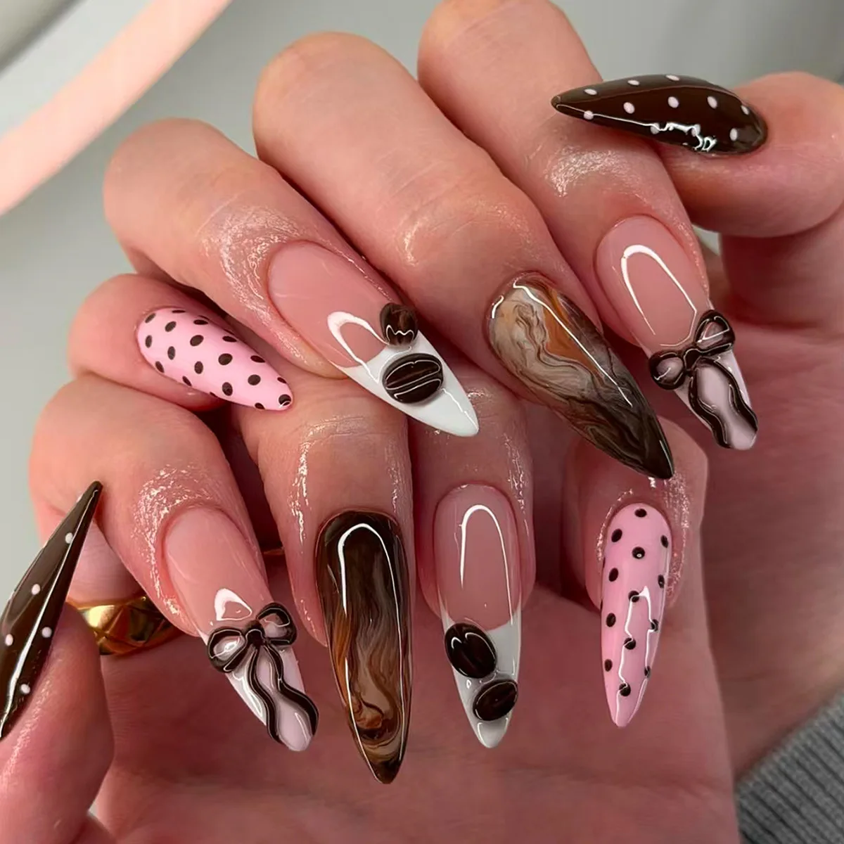 24pcs INS Colorful Strip Printed Press on Nails Sweet Cool Almond Fake Nails for Women Girls Manicure DIY Wearable False Nails image 5