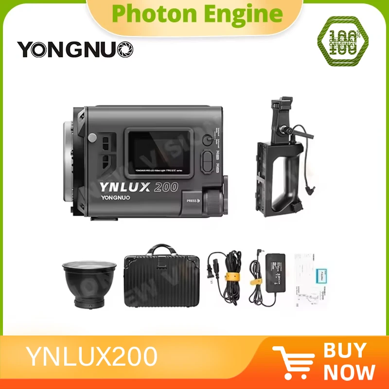 

YONGNUO LUX200 YNLUX200 W 3200K-5600K Bowens Mount Handheld Luz LED ao ar livre com alça adaptador de energia