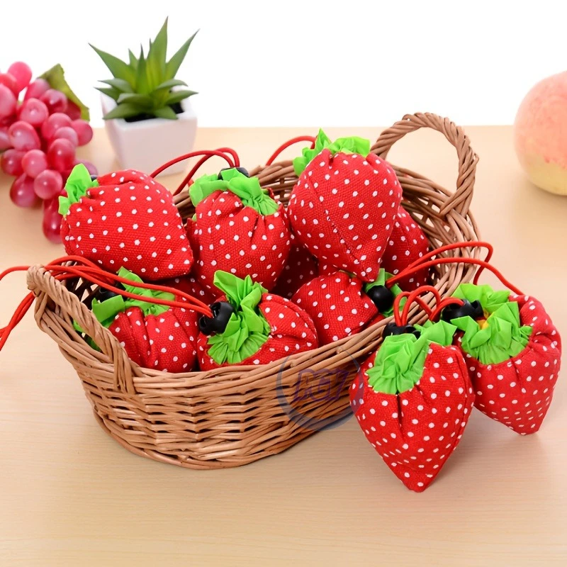 10pcs Strawberry Foldable Tote Bags with Floral Star Design Large Capacity Reusable Polyester Shopping Bags for Outdoor Travel