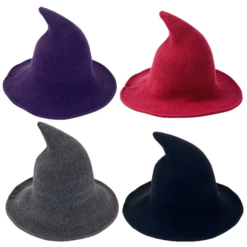 Fashionable Wool Knit Halloween Witch Hat Solid Color Pointed Design Pointed Hat High Quality Foldable Party Hat Halloween Party