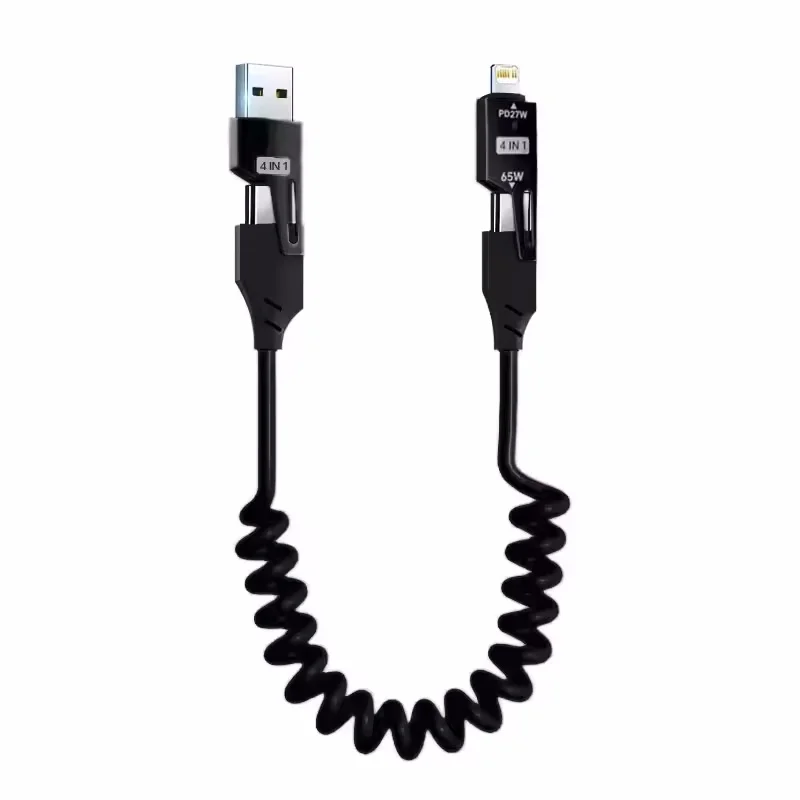 Zinc Alloy USB-C 4IN1 65W Fast Charging Cable for iPhone USB Type C Cable for iPhone Xiaomi Samsung PD Spring Data Cable
