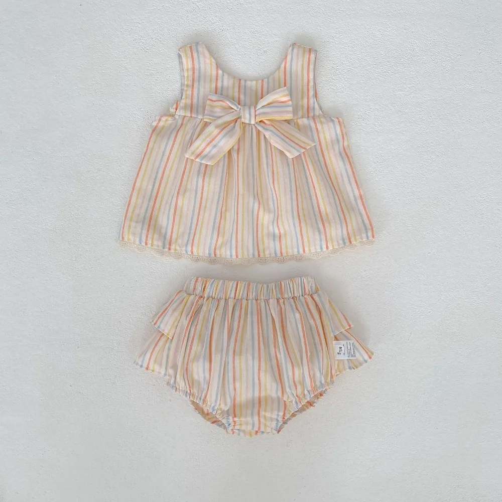 

2026 Summer Toddler Kids Baby Girl Clothing Set 0-4Years Cute Children Sleeveless Striped Bow Tops+Layered Bloomers 2PCS Clothes