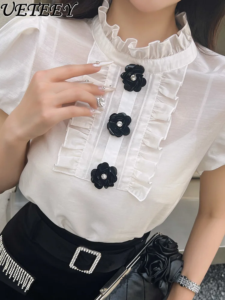 

French Style Puff Short Sleeve Stand Collar Ruffled White Shirt Female Summer Sequined Flower Decorative Top Blouse for Women