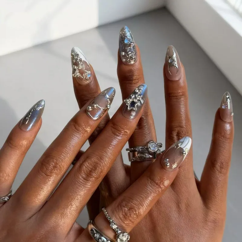 

24PCS Y2K Almond False Nails Cool Spicy Style Press on Nails Metallic Style 3D Star Design Fake Nails Edgy Nail Art for Women 네일