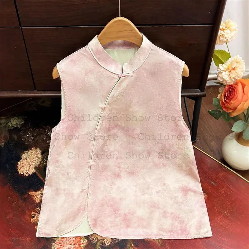 

Розовый жилет в китайском стиле, топ, женская модная жаккардовая рубашка Ципао, блузка без рукавов, топы Hanfu, модная блузка на бретелях с воротником-стойкой