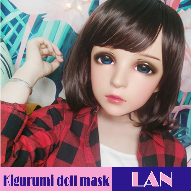 

(LAN)Female Sweet Girl Resin Half Head Kigurumi Mask With BJD Eyes Cosplay Japanese Role Lolita Mask With Wig Crossdress Doll