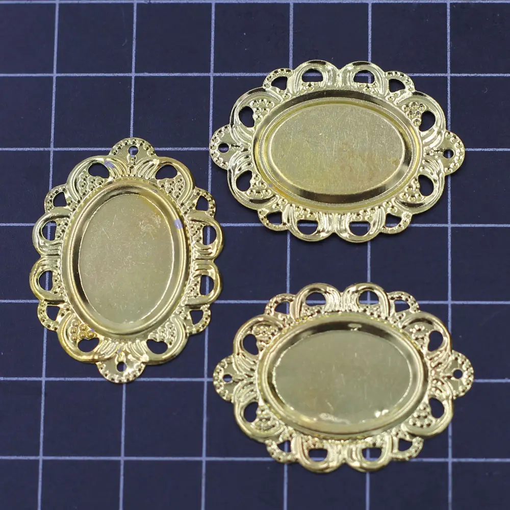 

Gold Plated Oval Flower Lace Embellishments Hollow Filigree Wraps Metal Crafts Making DIY Findings 32x24mm