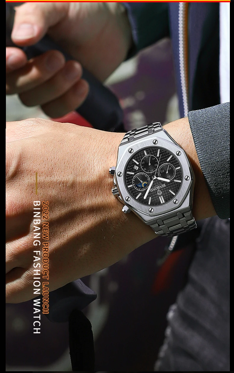 BINBOND Qualität Männer Uhr Luxus Hohe Mann Quarz Armbanduhr Wasserdicht Leucht Datum Edelstahl herren Uhren Casual Uhr – Detail 16