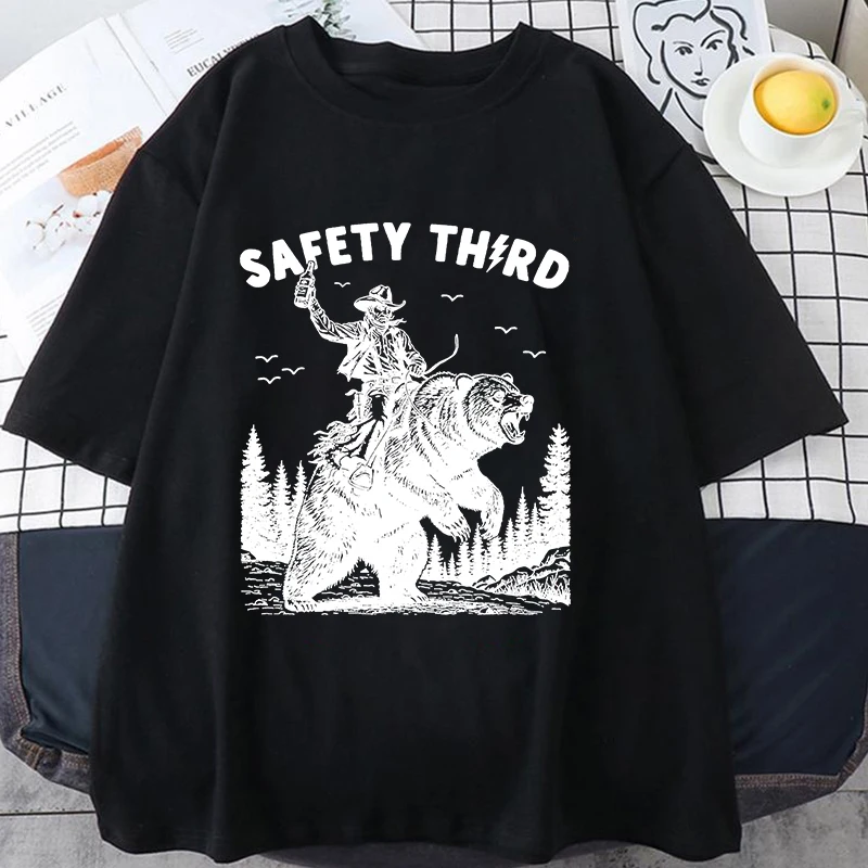 Safety Third Shirt Funny T Shirt Cool Graphic Men Women Shirt Bear Retro Illustration Unisex Tee Street Clothing Harajuku Tops