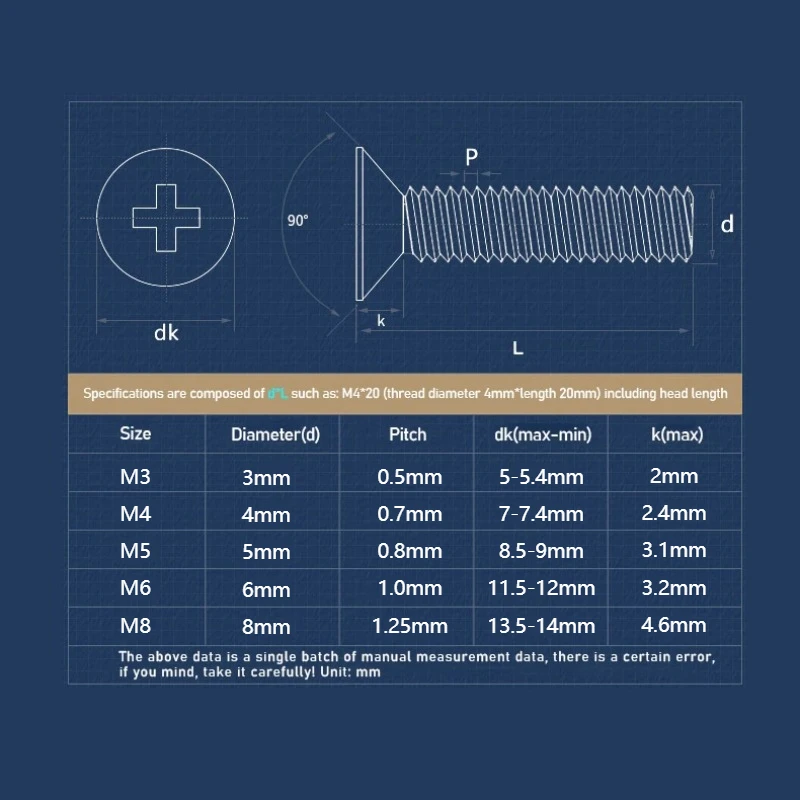 M3 M4 M5 M6 M8 A2-70 304 Stainless steel 500-hour salt spray passivation YB819 Cross Flat Countersunk Head Screw Bolt