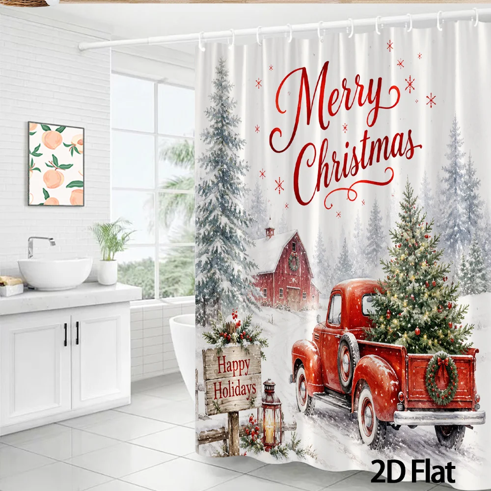 2D Flat, 2D Flat, 1pc 2D Flat Christmas Shower Curtain Winter Snowy Rustic Farmhouse Scene Vintage Red Truck Barn Pine Tree Wate