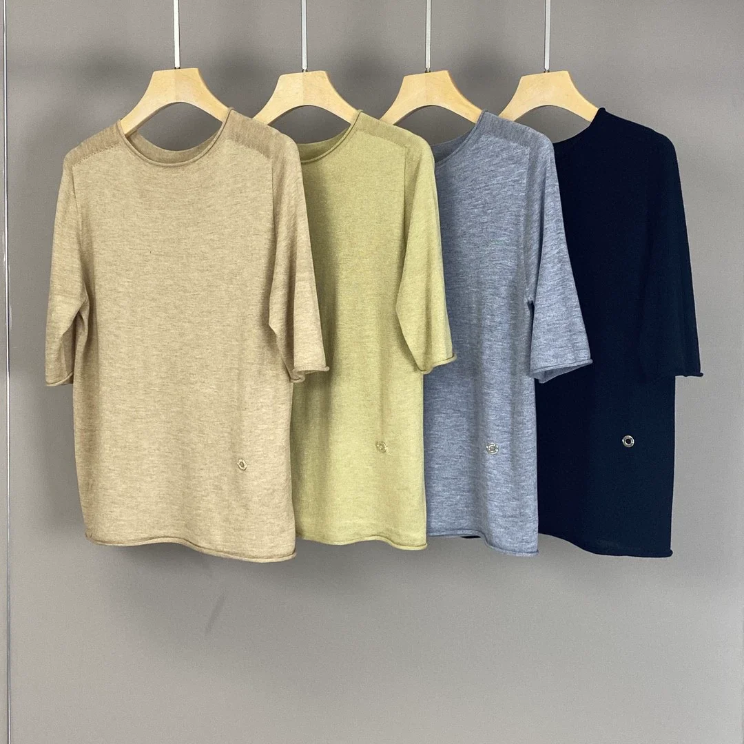 

Summer 2025 Women Knitted T-Shirt Solid Color Round Neck Short Sleeve Loose Female Tee Tops