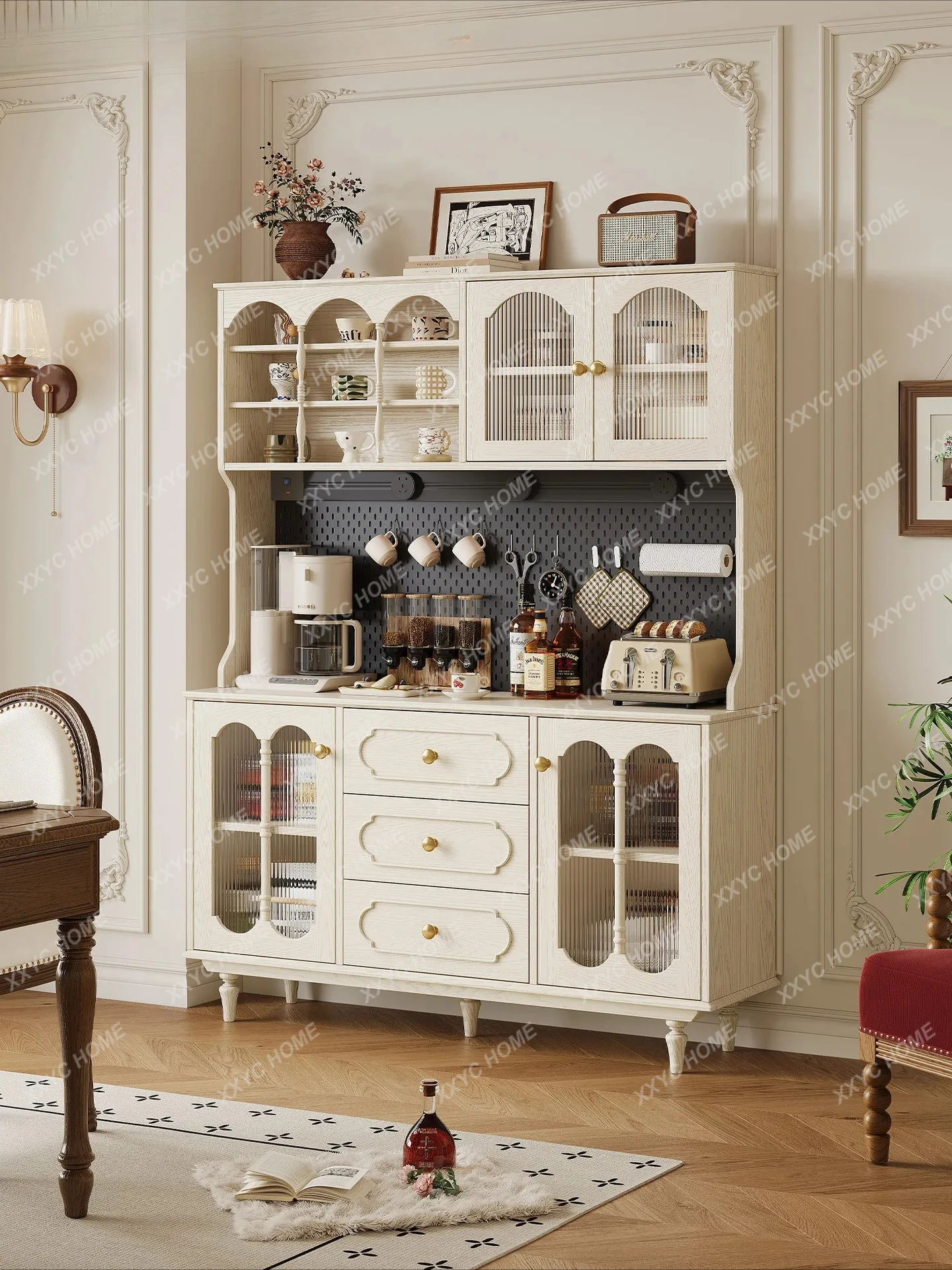 

L white all solid wood wall double-layer locker cream style restaurant tea cabinet