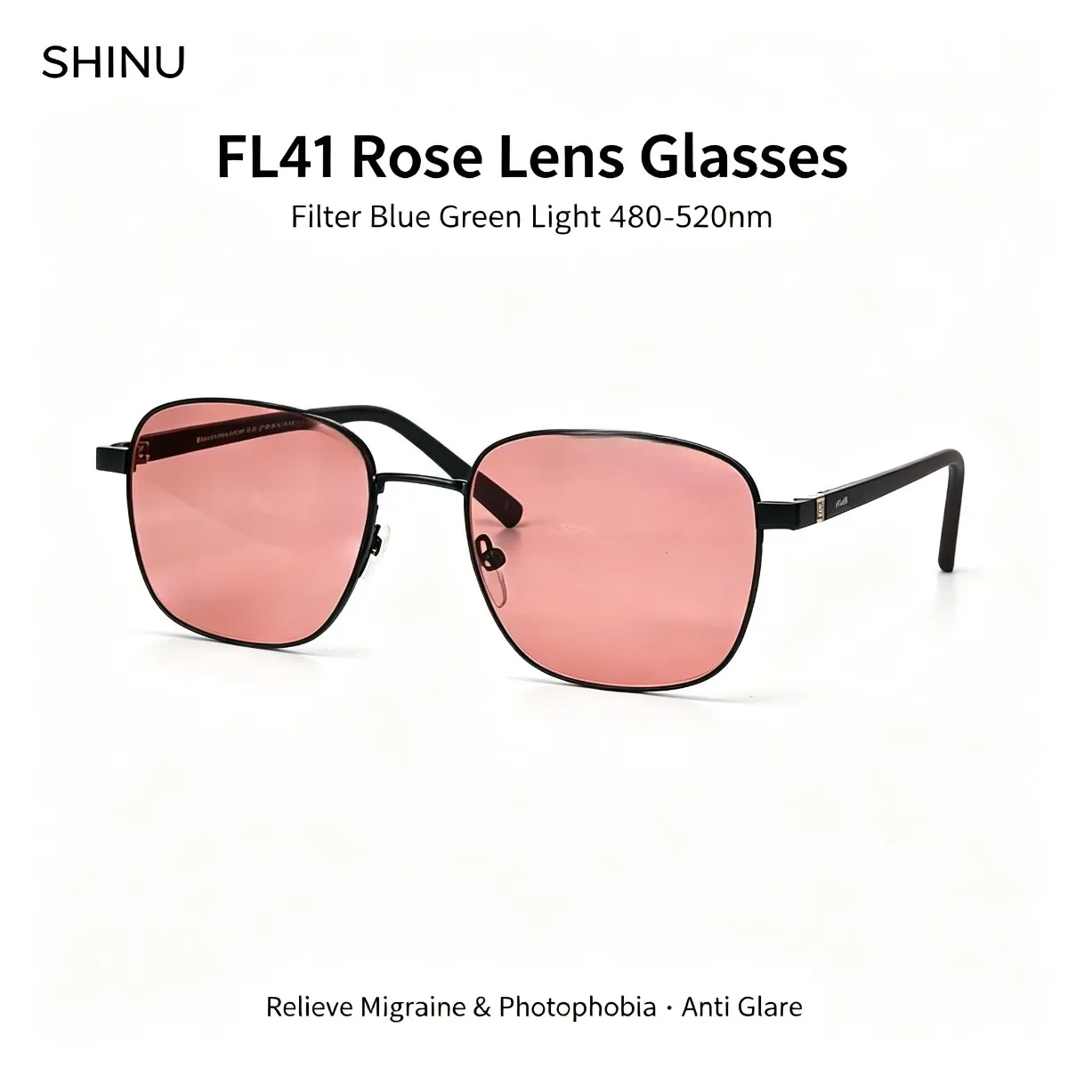 shinu-fl41-ローズレンズメガネ（男女兼用）、ブルーライト・グリーンライト（480～520nm）をカットし、片頭痛や光過敏症を緩和、眩しさを軽減するメガネ。