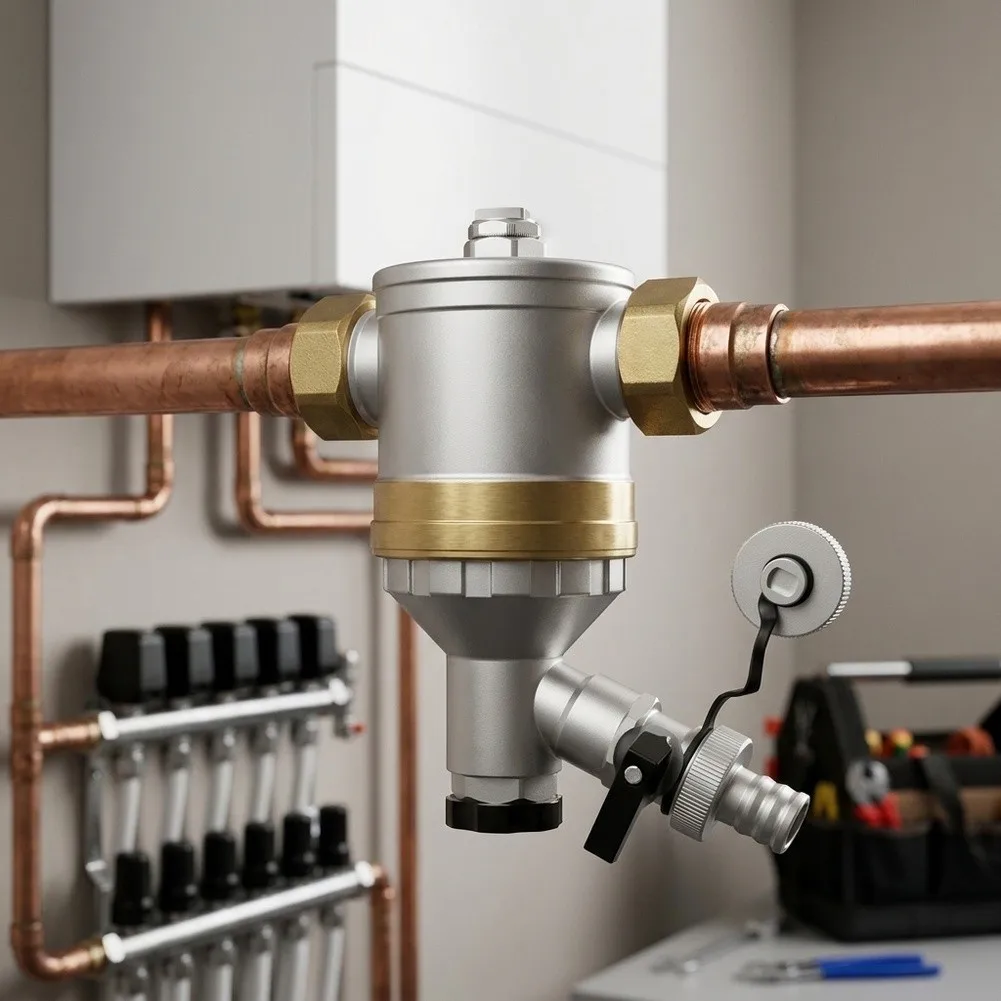 Brass Wall Hung Boiler Filter Compatible with Multiple Heating Systems Including Wall Mounted Boilers and Underfloor Heating