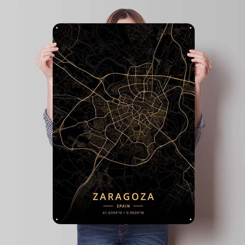 Zaragoza Spain Map Metal Poster Decoration for Home Decor Metal Tin Sign Plaque for Wall Art Decoration Room Decor Aesthetics