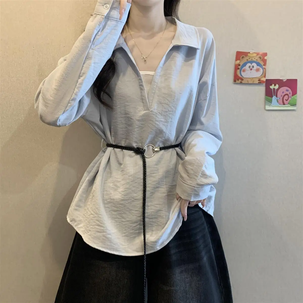 Textured Lapel Long Sleeve Shirt Women V Neck Loose Oversized Waist Belted Tunic Casual Blouse view 4