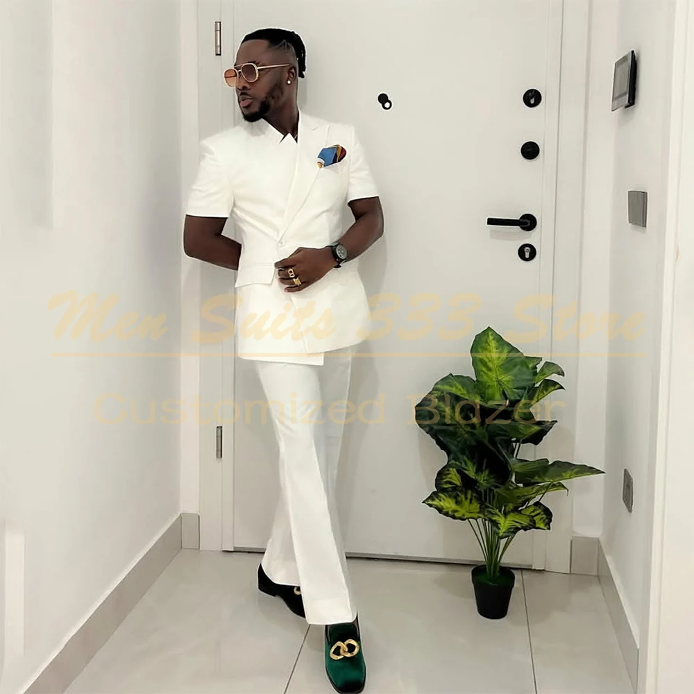 Customized Men's Suits Casual Daily Short Sleeve Slim Fit Blazer Fashion One-Button Peak Lapel 2 Piece Jacket Pants Outfits