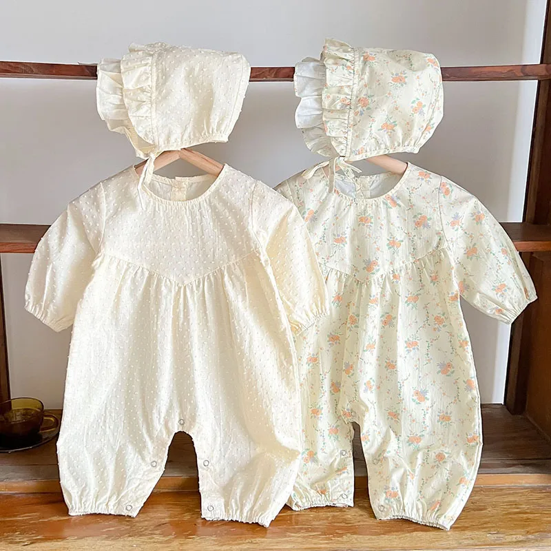 Newborn Baby Girls Jumpsuit One Piece Outfit Infant Baby Girls Romper+Hat Cotton Long Sleeve Printing Spring Autumn Baby Clothes