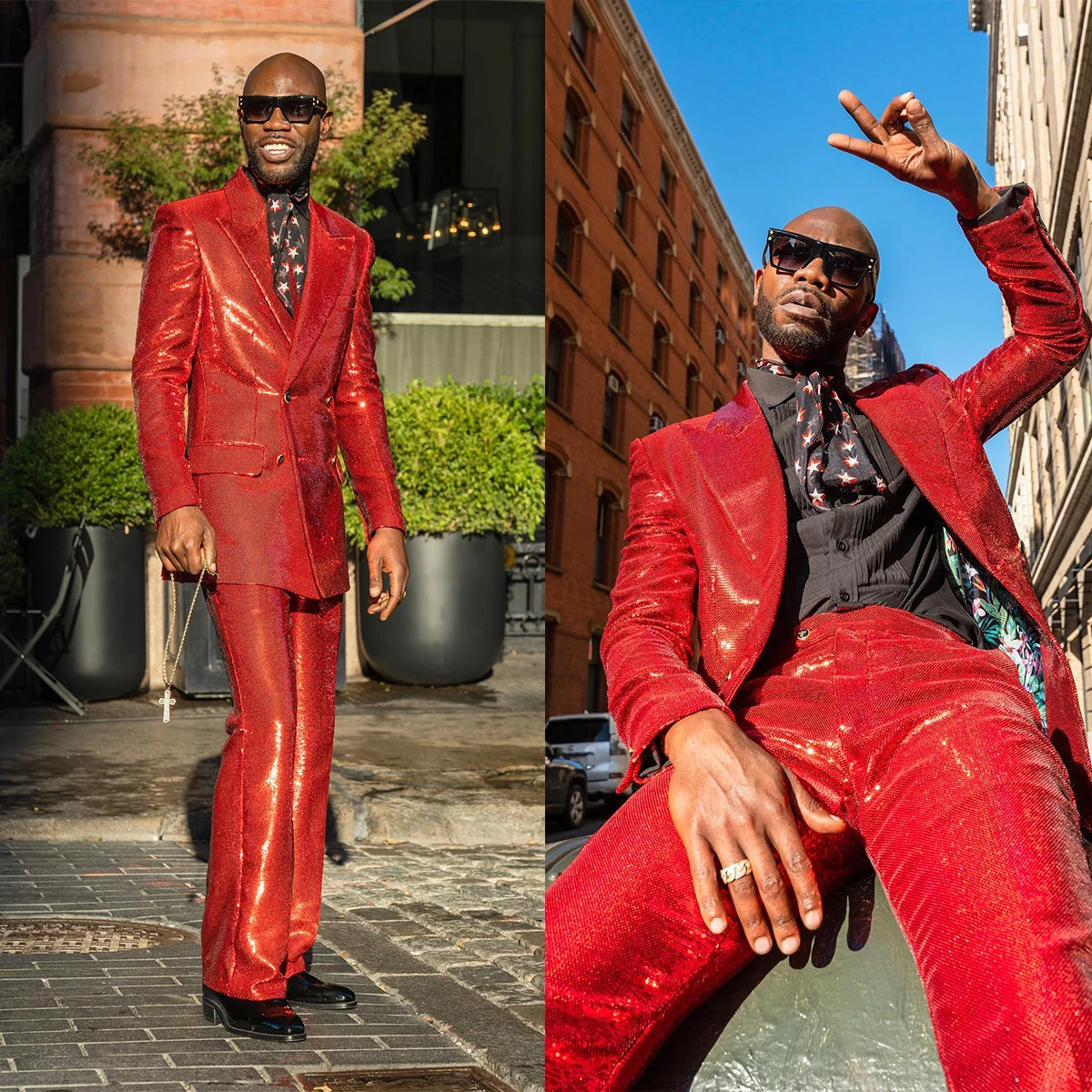 

Fashion Red Bright Surface Singer Mens Suit Two-pieces Coat and Pants Bell-Bottoms Business Formal Groom Tuxedo Wedding Party