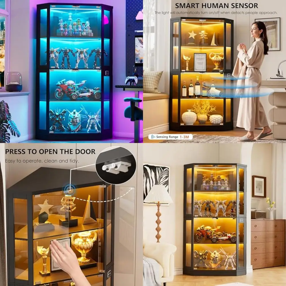 

Corner Display Cabinet with Glass Doors, 66.3 Tall Curio Cabinet featuring LED Lighting and 4-Tier Shelves for Showcase