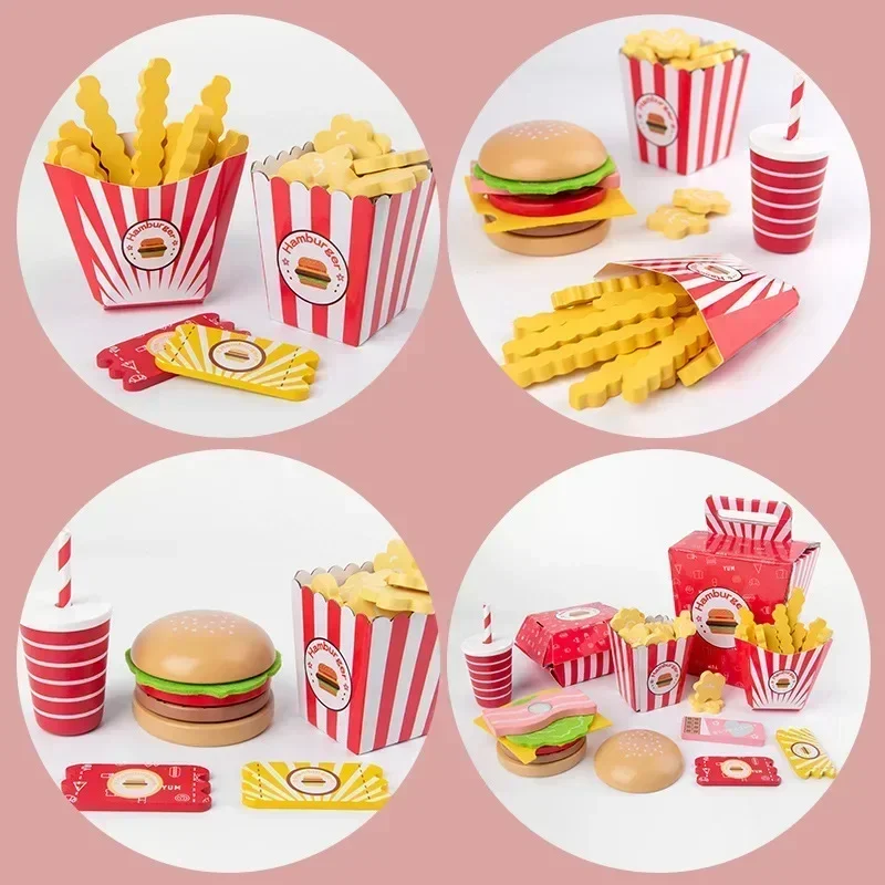 Kids Wooden Kitchen Cooking game Pretend Play toy Simulation  Hamburger French fries Coke Fast Food Sets birthday gift