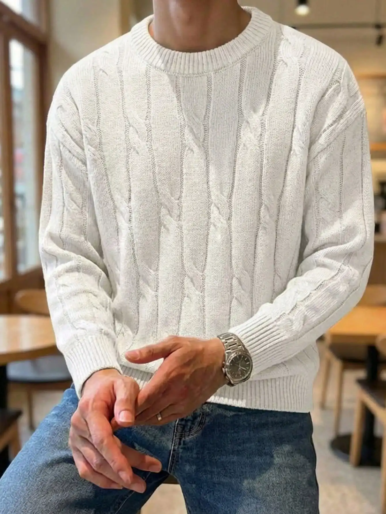 

Men's White Cable Knit Sweater Round Neck Long Sleeve Casual Fall Winter