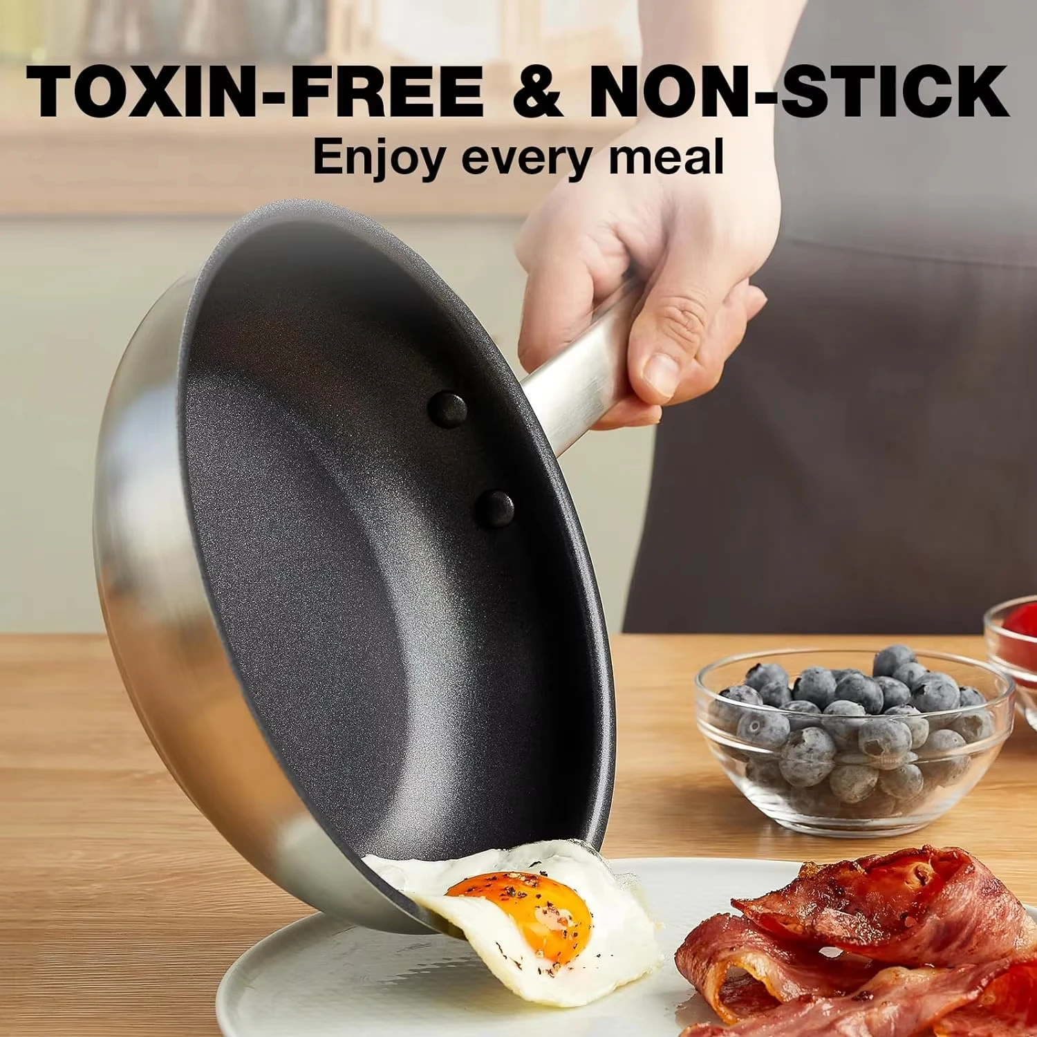 CSK 8-Inch Stainless Steel Frying Pan Lid - Black Non-Stick Coating Wooden Handle Aluminum Alloy High-Efficiency Multifunctional