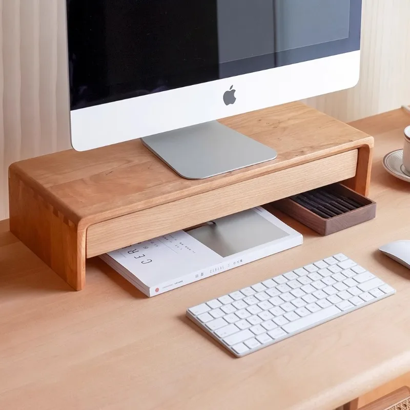 Wooden computer monitor heightening rack solid wood storage, log cherry wood black walnut desktop with drawer QT019