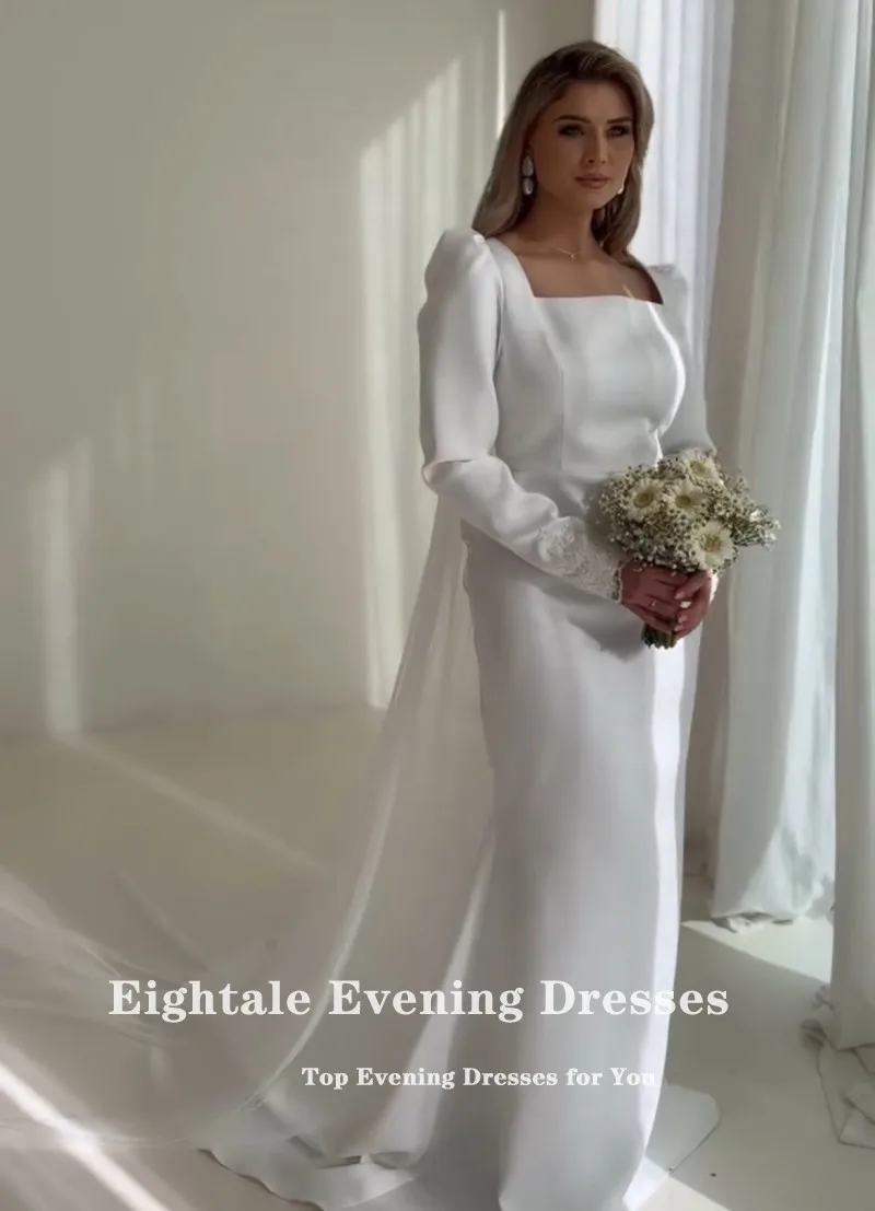 Eightale-Vestido De novia árabe De satén, manga larga, personalizado, encaje blanco marfil, sirena musulmana, Vestido De novia